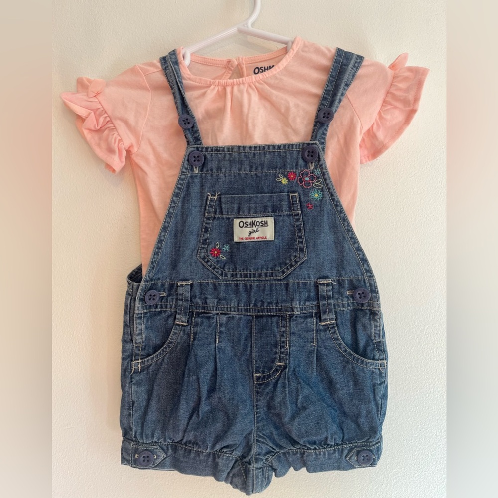 OshKosh Girl  Pink Onesie with Blue Denim Overalls Shorts